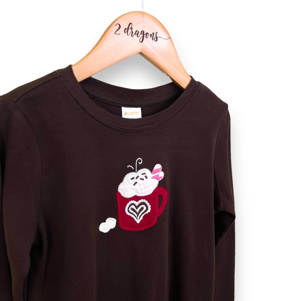 Gymboree: Brown long sleeve shirt, with appliqué coffee mug and heart.